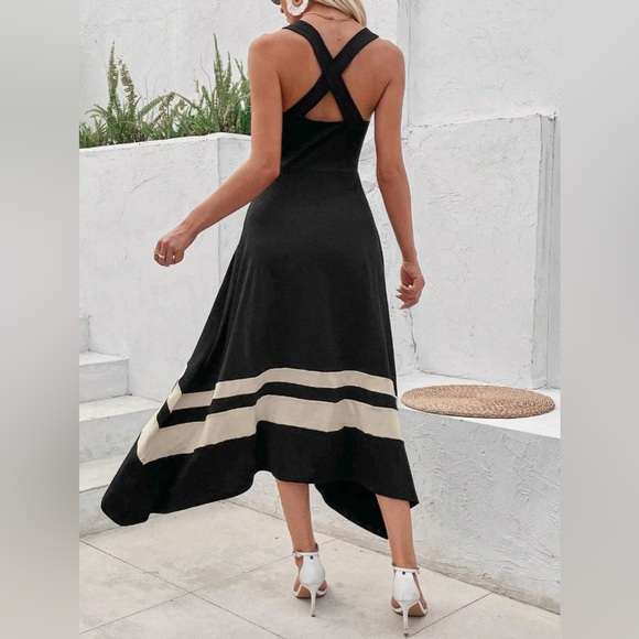 Two Tone Color Cross Back A-Line Dress Black - Picture 3 of 7